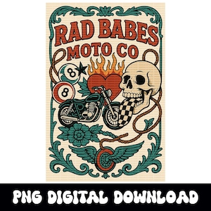 Rad Babes Moto Co karierter Mund Schädel Motorrad 8ball Herz Png Grafik digitaler Download für T-Shirt Sublimation oder dtf