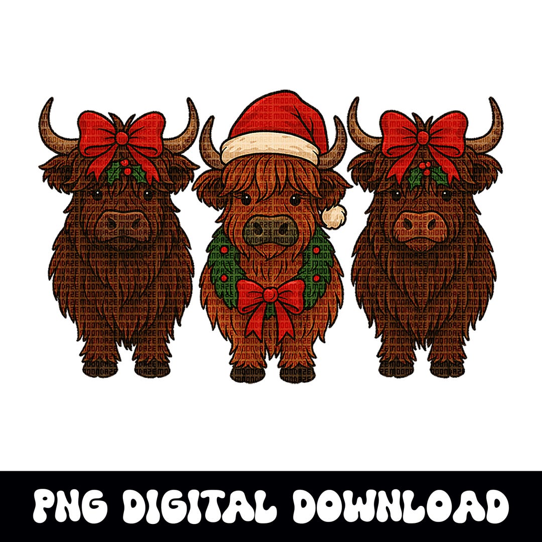 Christmas Highland Cow Trio PNG | Festive Farm Animal Clipart (digital ...
