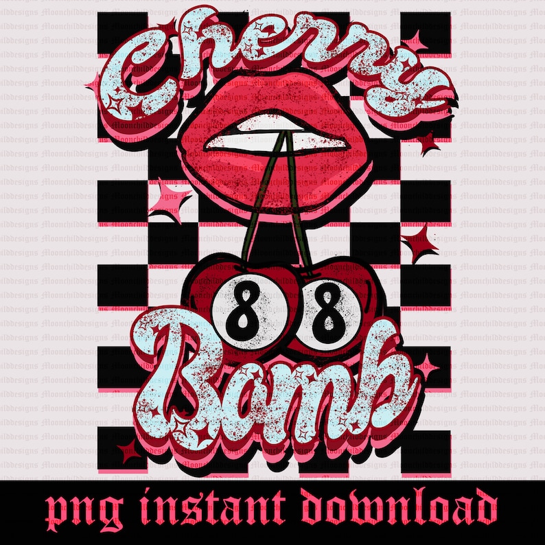 Checkered 8 Ball Cherry Bomb Design Vintage Retro Lip Cherry Design ...