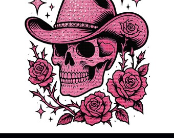 Pink Western Rhinestone Cowboy Skull PNG Graphic (Digital Download)