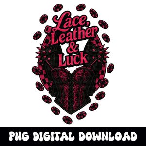 Top de corsé de cuero con encaje y suerte, alternativa al póquer, juego de azar, gráfico PNG, descarga digital instantánea para sublimación de camisetas o dtf