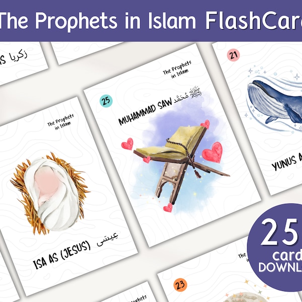 Prophets in Islam Flashcards for Kids, Islamic Ramadan Cards for Kid, 25 Prophets Islam Cards, Islamic Learning Games for Ramadan Activities