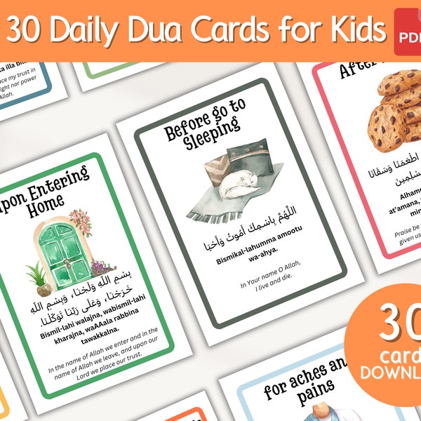 Dua Cards for Kids Easy Duas to Learn Islam Dua for Kids, Dua Cards Printable, 30 Daily Duas in English and Arabic, Islam Duas PDF