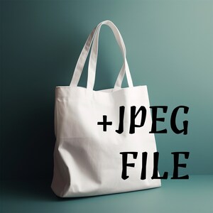 May include: White canvas tote bag with black text that reads "JPEG FILE" on a teal background.