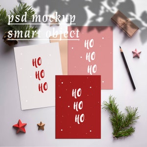 Wenskaarten Mockup PSD, 5x7 verhouding, 3 kaarten mockup, Mockup POD, Boho art print mockup, vouwkaart mockup, Smart Object Mockup, kerstkaart