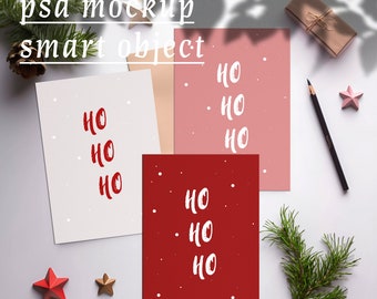 Greeting Cards Mockup PSD, 5x7 ratio, 3 cards mockup, Mockup POD, Boho art print mockup, folding card mockup, Smart Object Mockup, christmas card