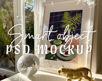 Poster Mockup disco ball PSD,realistic frame,Frame by dinner table,Mockup POD,Mockup Frame,Smart Object Mockup, fine art paper structure
