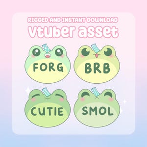 Puede incluir: Un activo digital para VTuber con cuatro gráficos de ranas de dibujos animados. Cada rana es de color verde claro con una barriga amarilla y tiene una expresión y un texto diferentes: FORG, BRB, CUTIE y SMOL. El fondo es un degradado de rosa y azul.