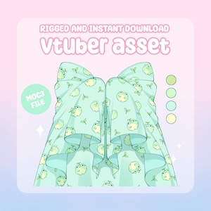 May include: A digital Vtuber asset featuring a light green dress with a frog and leaf pattern. The image includes the text "RIGGED AND INSTANT DOWNLOAD" and "Vtuber asset". The dress has a ruffled design. Color options are shown on the right. The file type is MOC3.