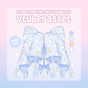 Puede incluir: Un activo Vtuber azul claro con un patrón repetido de conejos blancos, lunas crecientes amarillas y nubes blancas. El texto "RIGGED AND INSTANT DOWNLOAD" y "Vtuber asset" están en la parte superior. El texto "MOC3 FILE" está a la izquierda.
