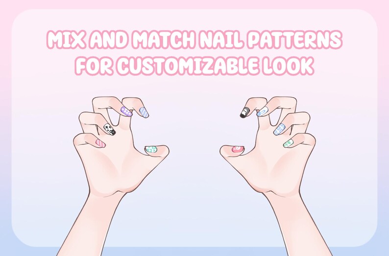 May include: Illustration of two hands with painted nails. The nails feature various patterns, including animal prints and geometric designs, with the text "MIX AND MATCH NAIL PATTERNS FOR CUSTOMIZABLE LOOK" in the background.
