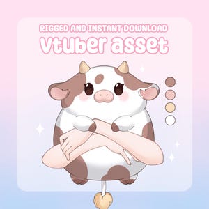 Puede incluir: Un activo Vtuber de vaca de dibujos animados con manchas marrones y blancas, cuernos pequeños y brazos cruzados. El texto "RIGGED AND INSTANT DOWNLOAD" y "Vtuber asset" se muestra en rosa. Se muestra una paleta de colores.