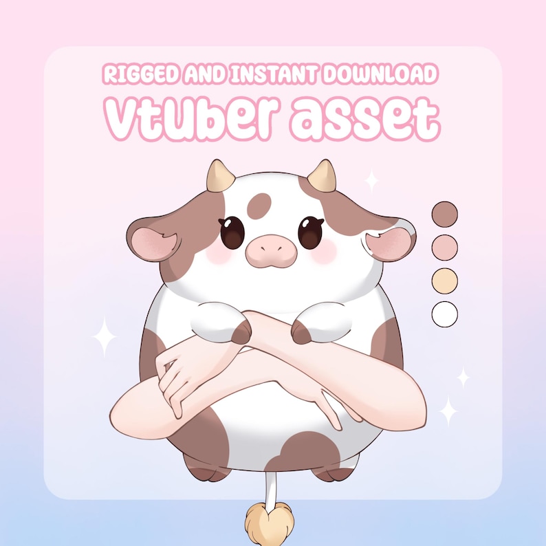 May include: A cartoon cow Vtuber asset with brown and white markings, small horns, and crossed arms. The text "RIGGED AND INSTANT DOWNLOAD" and "Vtuber asset" are displayed in pink. A colour palette is shown on the right.