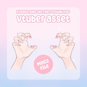 Pode incluir: Ilustração digital de duas mãos com unhas feitas em forma de garra. O texto "Vtuber asset" é rosa, com "Rigged and Instant Download" e "MOC3 FILE". O fundo é um gradiente rosa e azul.