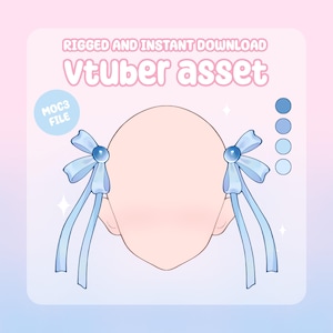 以下が含まれることがあります： Vtuber用のデジタルアセット。水色のリボンとリボンが付いた、様式化された頭部が特徴です。「RIGGED AND INSTANT DOWNLOAD」と「Vtuber asset」のテキストが含まれています。青色のカラーパレットが表示されています。