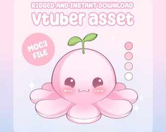 Pode incluir: Um polvo rosa de desenho animado com um broto na cabeça, projetado como um ativo Vtuber. A imagem inclui o texto "RIGGED AND INSTANT DOWNLOAD" e "Vtuber asset". Um círculo rosa diz "MOC3 FILE".
