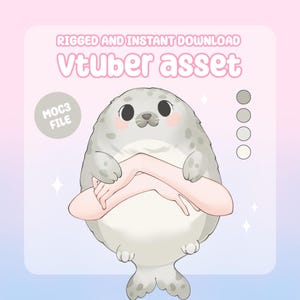 May include: A digital illustration of a cartoon seal character with a light gray body and pink cheeks. The seal is holding its own hands. Text at the top reads "RIGGED AND INSTANT DOWNLOAD" and "Vtuber asset".