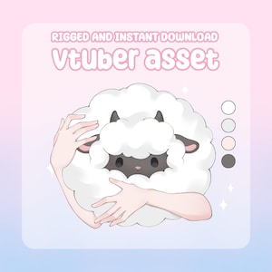 May include: A digital illustration of a fluffy white sheep character with a dark face and horns, being held by two arms. The text RIGGED AND INSTANT DOWNLOAD Vtuber asset is displayed at the top, with a color palette of four circles on the right.