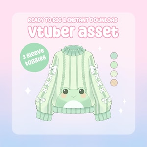 May include: Green and white sweater with a frog design and three toggle buttons on the sleeves. The sweater is ready to rig and download.  "Vtuber asset" is written in the image.