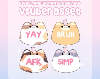 May include: A digital illustration featuring four cartoon cat heads with different color patterns and expressions. Each cat has a small, decorative paper strip on its head and a word bubble with the words "YAY", "BRUH", "AFK", and "SIMP". The text "RIGGED AND INSTANT DOWNLOAD" and "Vtuber asset" are also present.