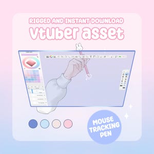 Puede incluir: Un activo digital de Vtuber que presenta un lápiz de seguimiento de ratón con un adorno de conejo. El gráfico muestra una interfaz de dibujo con rueda de color, panel de capas y barra de herramientas. Texto RIGGED AND INSTANT DOWNLOAD.