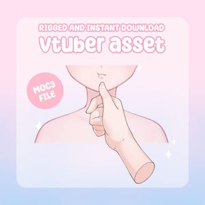 May include: Digital illustration of a Vtuber asset with a hand touching a chin. The text "RIGGED AND INSTANT DOWNLOAD" and "Vtuber asset" are displayed in pink. A pink circle with "MOC3 FILE" is also present.