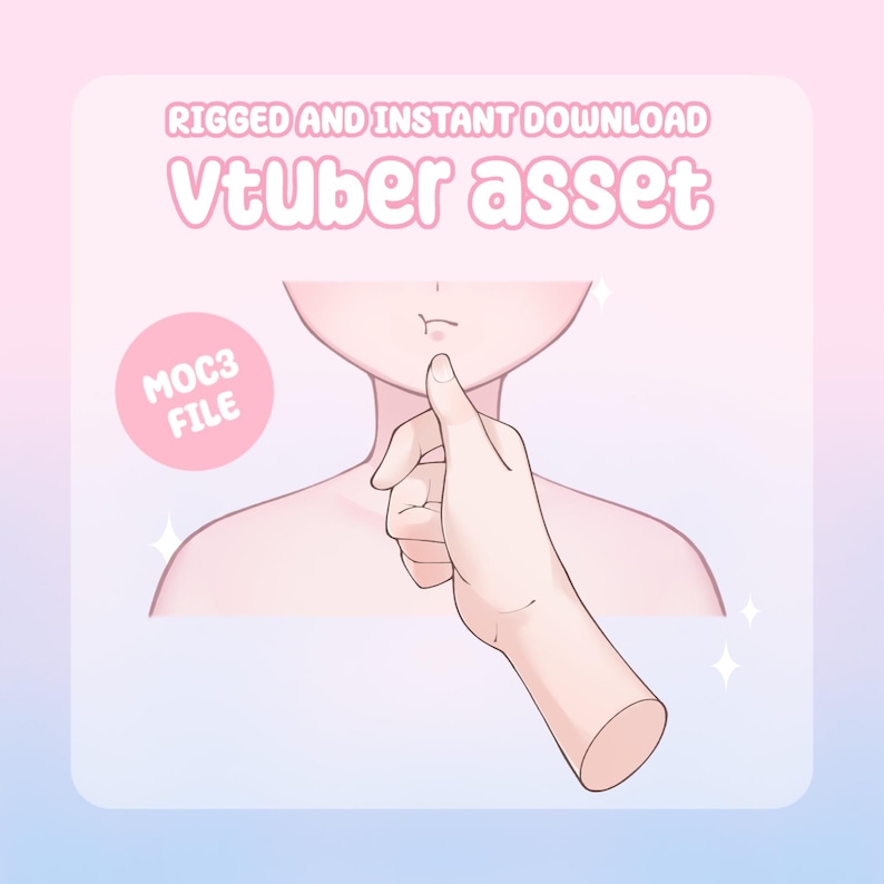 May include: Digital illustration of a Vtuber asset with a hand touching a chin. The text "RIGGED AND INSTANT DOWNLOAD" and "Vtuber asset" are displayed in pink. A pink circle with "MOC3 FILE" is also present.