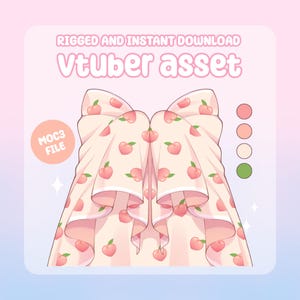 May include: A digital asset for a VTuber, featuring a peach-themed design. The asset is a light pink color with a repeating pattern of peaches and green leaves. The text "RIGGED AND INSTANT DOWNLOAD" and "Vtuber asset" are displayed at the top. The text "MOC3 FILE" is displayed on the left.