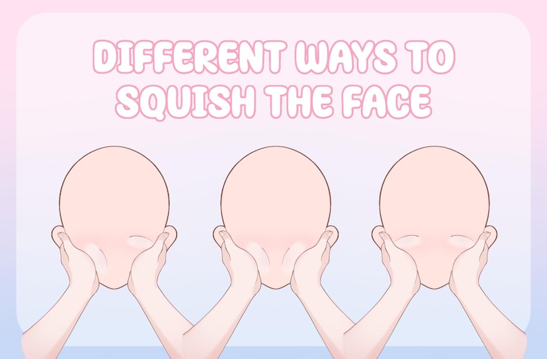 Puede incluir: Ilustraci&oacute;n de tres caras en blanco siendo apretadas de varias maneras, con el texto "DIFFERENT WAYS TO SQUISH THE FACE" en la parte superior. El fondo tiene un degradado rosa y azul. Imagen de tutorial.