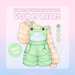 May include: A digital illustration of a Vtuber asset. The asset features a light green frog-themed outfit with a matching sweater. The text "RIGGED AND INSTANT DOWNLOAD" and "Vtuber asset" are displayed at the top. The text "MOC3 FILE" is displayed on a green circle.