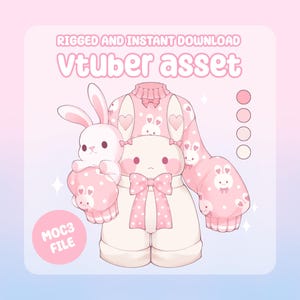 May include: A pink and white Vtuber asset with a bunny design. The outfit includes a sweater, shorts, and bunny plushies. The text "RIGGED AND INSTANT DOWNLOAD" and "Vtuber asset" are displayed. The file type is MOC3.