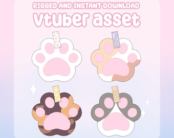 May include: Four digital cat paw illustrations labeled as a rigged Vtuber asset for instant download. Each paw features pink pads and distinct patterns: white, calico, brown tabby, and grey with white, all accented by small decorative tape strips.