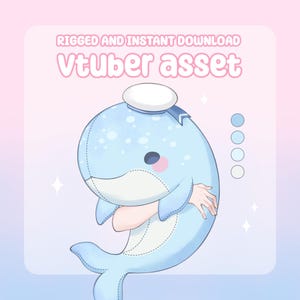 Könnte beinhalten: Eine digitale Illustration eines hellblauen Wal-Charakters mit einer weißen Matrosenmütze. Der Text lautet RIGGED AND INSTANT DOWNLOAD Vtuber asset. Der Wal hat sichtbare Nähte, dunkle Augen, rosa Wangen und vier kreisförmige Farbmuster auf der rechten Seite.