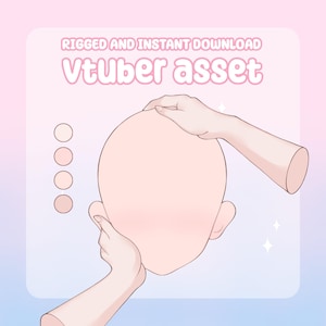 May include: A digital illustration of a blank, pale-skinned head being touched by two hands. The text reads RIGGED AND INSTANT DOWNLOAD Vtuber asset. Four circular colour swatches are arranged vertically on the left side of the light pink background.