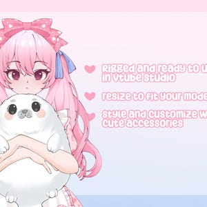 May include: An anime-style character with pink hair and eyes, holding a white seal plushie. The image has text that reads "Rigged and ready to use in vtube studio, resize to fit your model, style and customize with cute accessories."