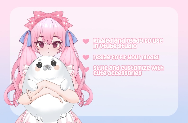 May include: An anime-style character with pink hair and eyes, holding a white seal plushie. The image has text that reads "Rigged and ready to use in vtube studio, resize to fit your model, style and customize with cute accessories."