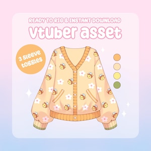 May include: A yellow cardigan with a bee and flower pattern. The cardigan has a V-neck and three sleeve toggles. The text "Vtuber asset" is at the top of the image.