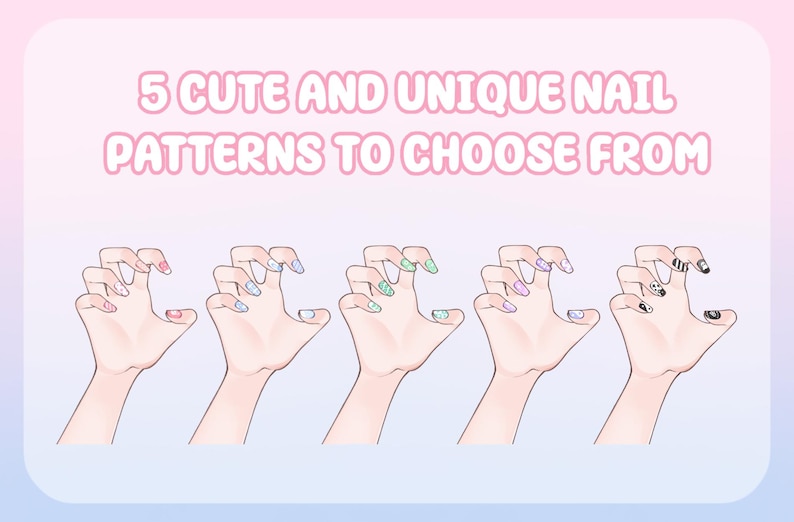 May include: Illustration of five hands with different nail art designs. The nails feature various colors and patterns, including pink, blue, green, purple, and black. Text at the top reads "5 Cute and Unique Nail Patterns to Choose From."