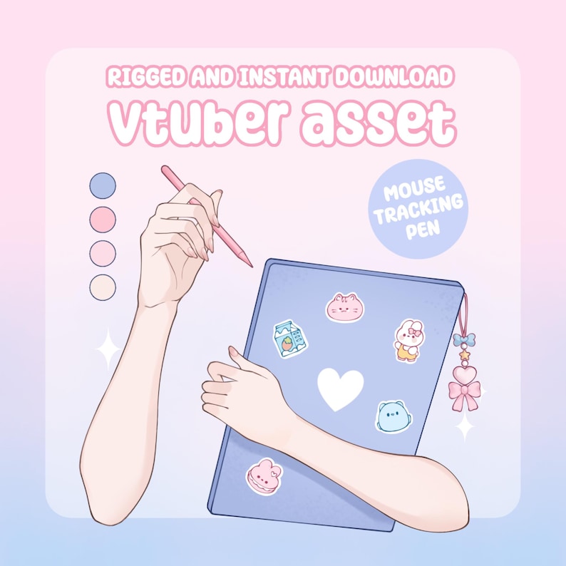 May include: A digital illustration of a blue tablet with cartoon stickers and a pink pen. The text reads "RIGGED AND INSTANT DOWNLOAD Vtuber asset" and "MOUSE TRACKING PEN". The background is a gradient of pink and blue.