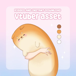 May include: A digital illustration of a cartoon Shiba Inu-like character with a light brown body and a small arm. The image includes the text "RIGGED AND INSTANT DOWNLOAD" and "Vtuber asset" in pink. A color palette is on the right.