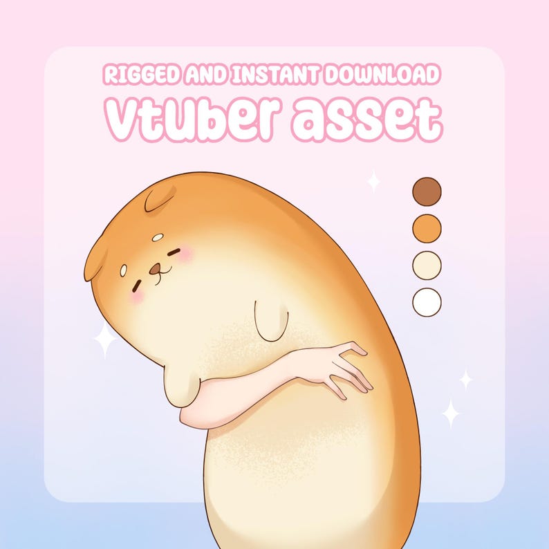 May include: A digital illustration of a cartoon Shiba Inu-like character with a light brown body and a small arm. The image includes the text "RIGGED AND INSTANT DOWNLOAD" and "Vtuber asset" in pink. A color palette is on the right.