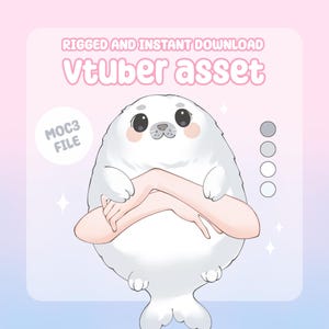 May include: A digital illustration of a white seal character with a cute design, holding a pair of hands. The image has text that reads "RIGGED AND INSTANT DOWNLOAD" and "Vtuber asset". The file type is "MOC3 FILE".