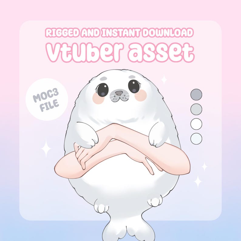 May include: A digital illustration of a white seal character with a cute design, holding a pair of hands. The image has text that reads "RIGGED AND INSTANT DOWNLOAD" and "Vtuber asset". The file type is "MOC3 FILE".