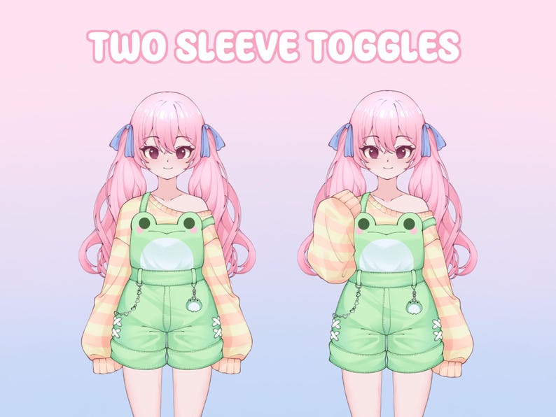 May include: Two illustrations of a character wearing a light green frog-themed outfit with a yellow and peach striped long-sleeve shirt. The outfit includes green shorts and overalls with a frog face design. The text "TWO SLEEVE TOGGLES" is at the top.