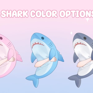 May include: Three cartoon sharks in pink, blue, and gray, each with a different color scheme. The sharks have white bellies, open mouths with teeth, and arms crossed over their chests. Text at the top reads "3 SHARK COLOR OPTIONS."
