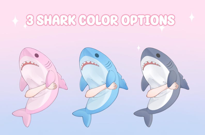 May include: Three cartoon sharks in pink, blue, and gray, each with a different color scheme. The sharks have white bellies, open mouths with teeth, and arms crossed over their chests. Text at the top reads "3 SHARK COLOR OPTIONS."