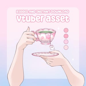 May include: A pink teacup with a floral design and a matching saucer. The teacup contains green liquid and a tea bag. The image includes the text "RIGGED AND INSTANT DOWNLOAD" and "Vtuber asset".