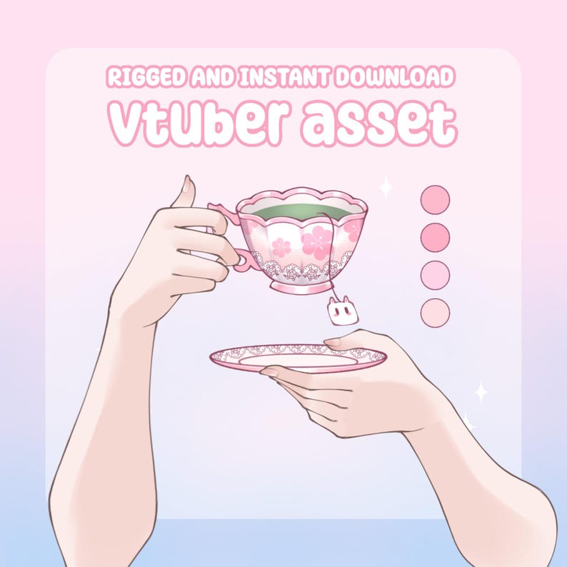 May include: A pink teacup with a floral design and a matching saucer. The teacup contains green liquid and a tea bag. The image includes the text "RIGGED AND INSTANT DOWNLOAD" and "Vtuber asset".
