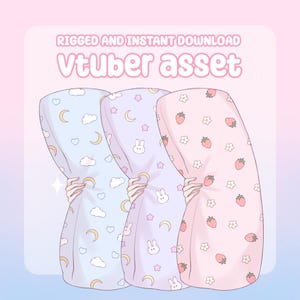 May include: Three pastel-colored Vtuber assets with different patterns: blue with moons and clouds, lavender with bunnies and stars, and pink with strawberries and flowers. The text "RIGGED AND INSTANT DOWNLOAD" and "Vtuber asset" is displayed at the top.