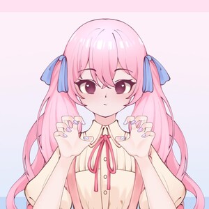 May include: Anime-style illustration of a character with pink hair styled in pigtails, adorned with blue ribbons. The character has large, expressive eyes and is wearing a light-colored top with a red bow. The hands are positioned in a claw-like gesture.